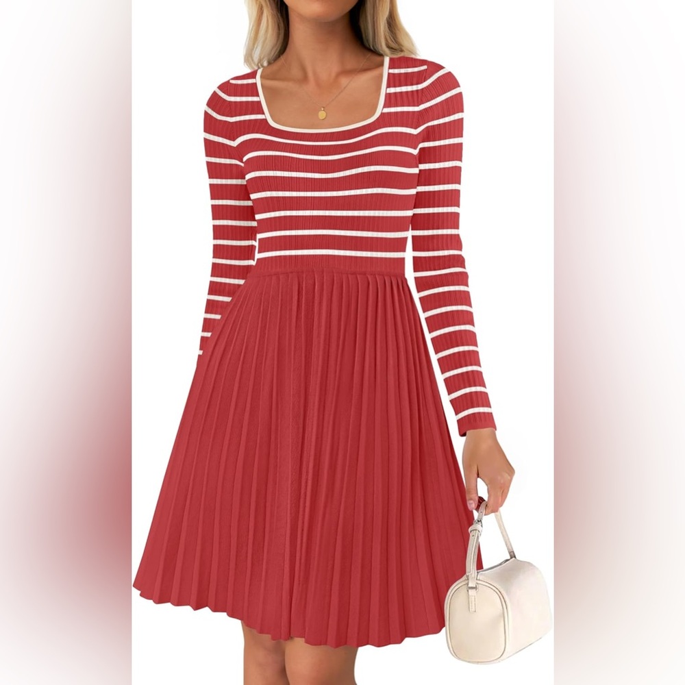 New Zesica Red/Salmon and White Pleated Fit and Flare Dress Size L